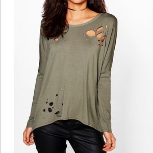2/$10 ✨BooHoo Olive Distressed Long Sleeve Shirt